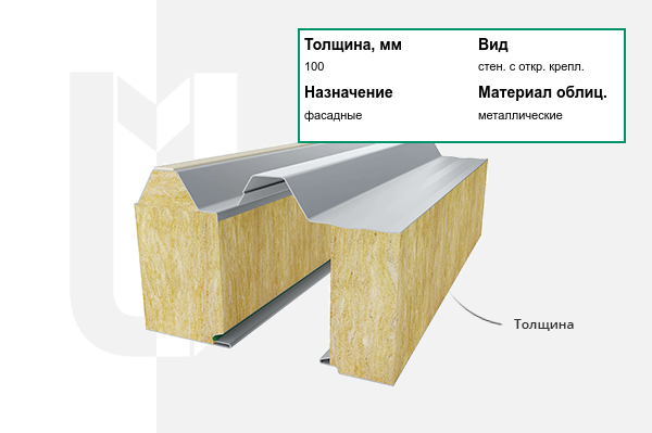 Металлическая сэндвич-панель стеновая с открытым креплением ТСП-Z 100х1000х14000 мм ГОСТ 32603-2012 с волнистой внутренней и волнистой наружной облицовкой